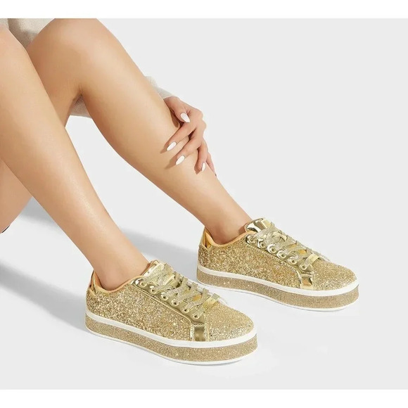 Women's Gold Platform Glitter  Sneakers | Sparkly Bling Shiny Dressy - Picture 8 of 9